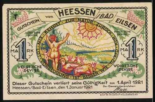 Notgeld Hessen /Bad Eilsen 1921, 1 Mark, Voigt`s Kur- u. Badehaus, Sonnenaufgang