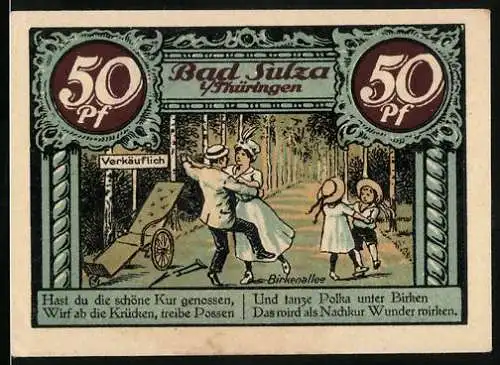 Notgeld Bad Sulza 1921, 50 Pfennig, Tanzendes Paar in der Birkenallee, Gradierhaus