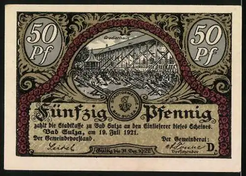 Notgeld Bad Sulza 1921, 50 Pfennig, Tanzendes Paar in der Birkenallee, Gradierhaus