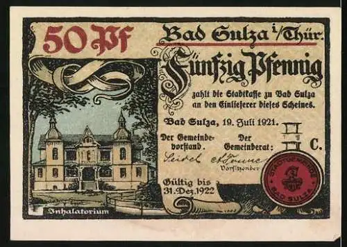 Notgeld Bad Sulza 1921, 50 Pfennig, Inhalatorium, Spaziergang an der Trinkhalle