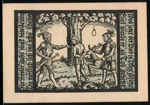Notgeld Schalkau 1921, 50 Pfennig, Gefangener wird gehangen, Ritter