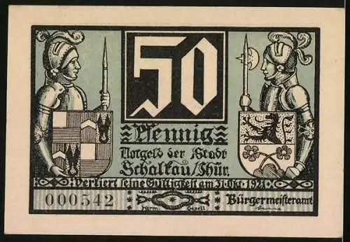 Notgeld Schalkau 1921, 50 Pfennig, Gefangener wird gehangen, Ritter