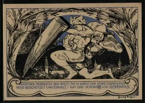 Notgeld Weimar 1921, 50 Pfennig, Krieger bewacht die Stadt