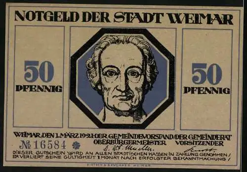 Notgeld Weimar 1921, 50 Pfennig, Krieger bewacht die Stadt