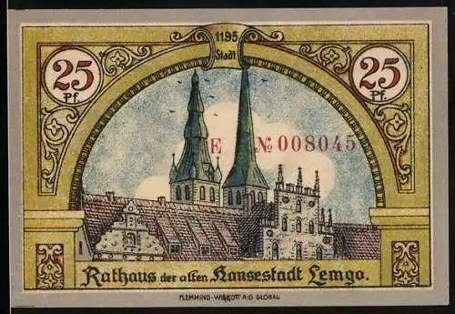 Notgeld Lemgo 1921, 25 Pfennig, Rathaus, Wappen