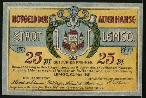 Notgeld Lemgo 1921, 25 Pfennig, Rathaus, Wappen