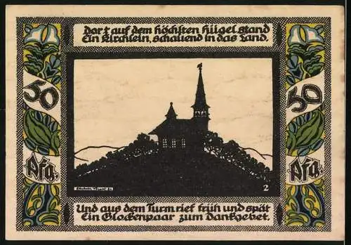 Notgeld Gollnow, 50 Pfennig, Bauer auf dem Feld, Glockenturm