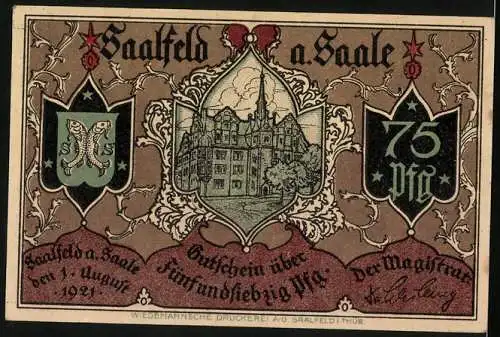 Notgeld Saalfeld 1921, 75 Pfennig, Empfang von Emigranten auf dem Markt