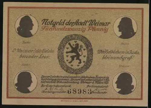 Notgeld Weimar 1921, 25 Pfennig, Stadtkirche Herder, Goethe