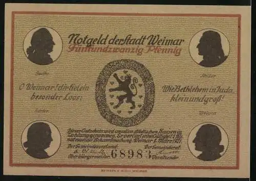 Notgeld Weimar 1921, 25 Pfennig, Schillerhaus, Goethe