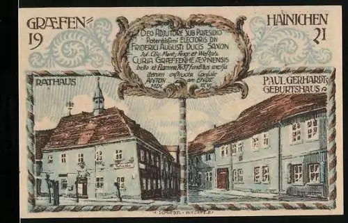 Notgeld Gräfenhainichen 1921, 10 Pfennig, Rathaus, Paul Gerhardts Geburtshaus