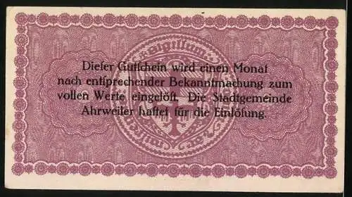 Notgeld Ahrweiler 1918, 50 Pfennig, Wappen, Unterschrift vom Bürgermeister