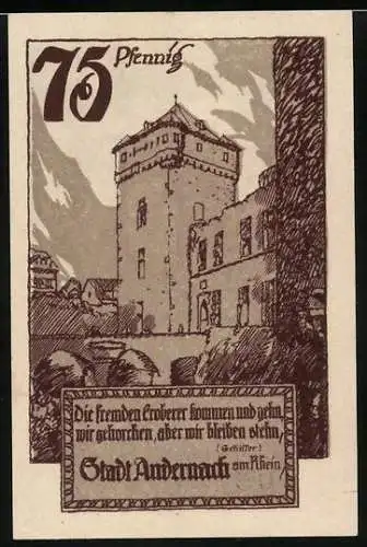 Notgeld Andernach 1920, 75 Pfennig, Burgturm, Wappen