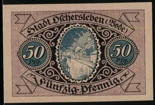 Notgeld Aschersleben 1921, 50 Pfennig, Strassenpartie im Ort