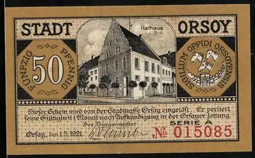 Notgeld Orsoy 1921, 50 Pfennig, Rathaus, Dampfer auf dem Wasser