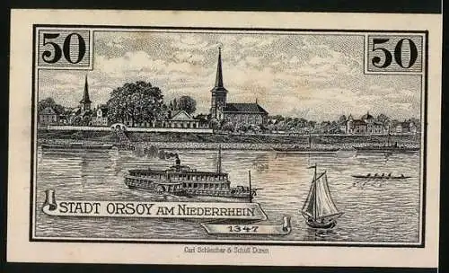 Notgeld Orsoy 1921, 50 Pfennig, Rathaus, Dampfer auf dem Wasser