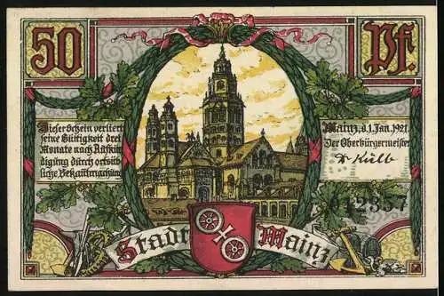 Notgeld Mainz 1921, 50 Pfennig, Marktbrunnen, Schloss