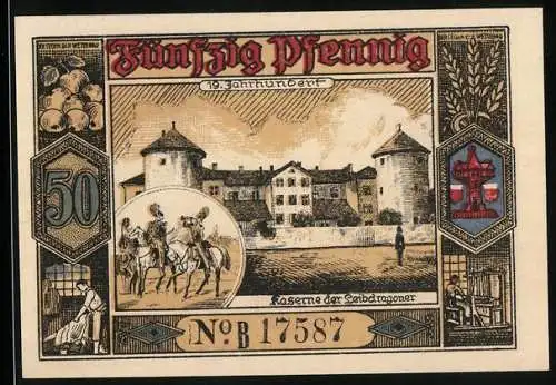 Notgeld Butzbach 1921, 50 Pfennig, Kaserne der Leibdragoner, Landgraf Phillipp von Butzbach