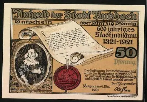 Notgeld Butzbach 1921, 50 Pfennig, Kaserne der Leibdragoner, Landgraf Phillipp von Butzbach