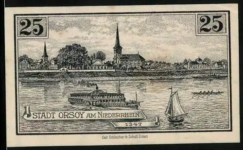Notgeld Orsoy 1921, 25 Pfennig, Dampfer vor der Kirche, Kuhtor