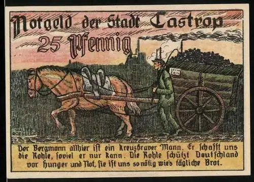 Notgeld Castrop 1921, 25 Pfennig, Lore aus der Zeche Erin