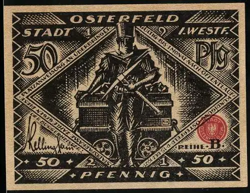 Notgeld Osterfeld 1921, 50 Pfennig, Bergarbeiter vor voller Lore, Investoren
