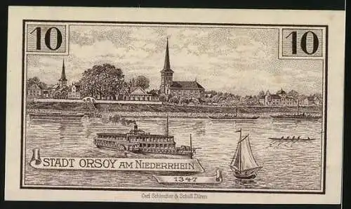 Notgeld Orsoy 1921, 10 Pfennig, Alter Pulverturm, Dampfer und Segelschiffe