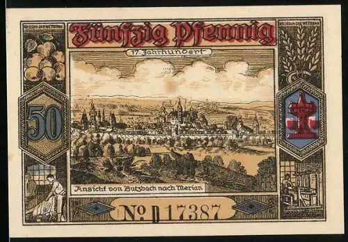 Notgeld Butzbach 1921, 50 Pfennig, Ansicht nach Merian, Landgraf Phillipp