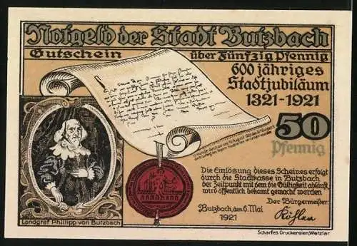 Notgeld Butzbach 1921, 50 Pfennig, Ansicht nach Merian, Landgraf Phillipp
