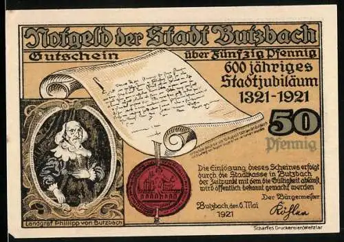 Notgeld Butzbach 1921, 50 Pfennig, Landgraf Phillipp von Butzbach, Markuskirche, Museum