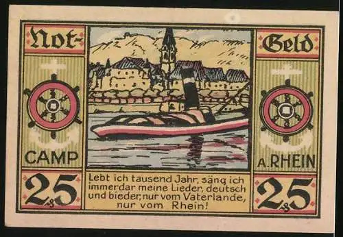 Notgeld Camp a. Rhein 1921, 25 Pfennig, Ortsansicht mit Kirche, Dampfer
