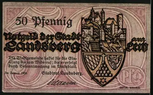 Notgeld Landsberg 1921, 50 Pfennig, Parade mit Rittern, Wappen