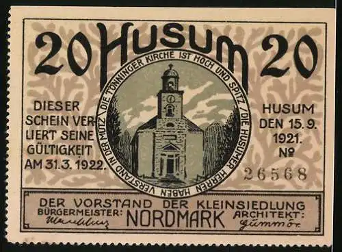 Notgeld Husum 1921, 20 Pfennig, Gens /Wüllt Jüm Hüt, Kirche