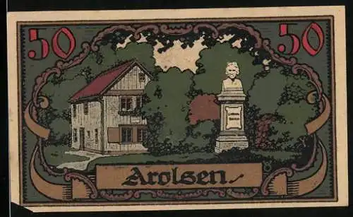 Notgeld Arolsen 1921, 50 Pfennig, Rauch Denkmal