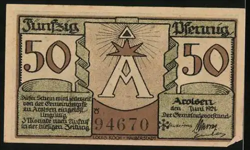 Notgeld Arolsen 1921, 50 Pfennig, Rauch Denkmal