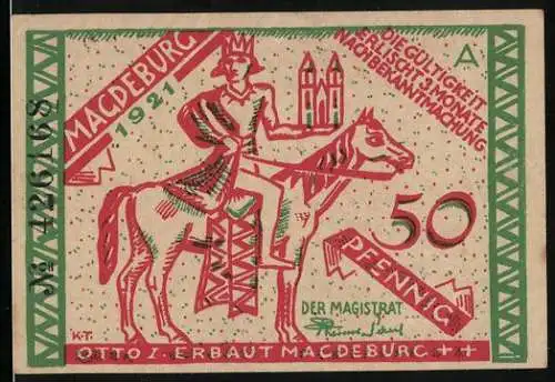 Notgeld Magdeburg 1921, 50 Pfennig, Otto I., Segelschiffe auf der Elbe
