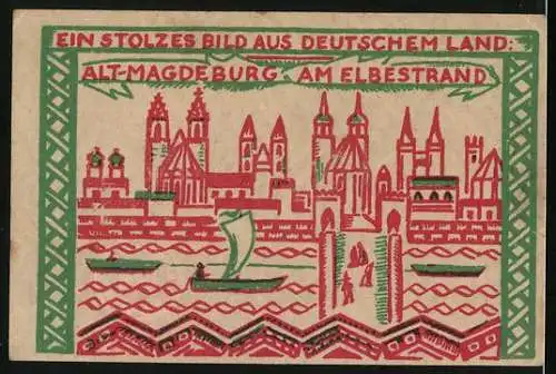 Notgeld Magdeburg 1921, 50 Pfennig, Otto I., Segelschiffe auf der Elbe