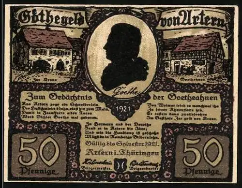 Notgeld Artern 1921, 50 Pfennig, Goethe, Gasthaus zur Krone