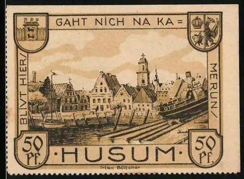 Notgeld Husum 1921, 50 Pfennig, Dampfer gleitet ins Wasser