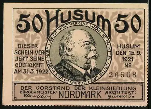 Notgeld Husum 1921, 50 Pfennig, Dampfer gleitet ins Wasser