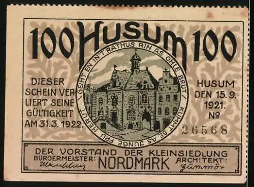 Notgeld Husum 1921, 100 Pfennig, Wohnhaus, Rathaus