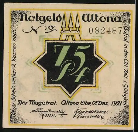 Notgeld Altona 1921, 75 Pfennig, Investor mit Scheinen