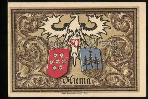 Notgeld Auma 1921, 50 Pfennig, Adler mit Wappen, Denkmal