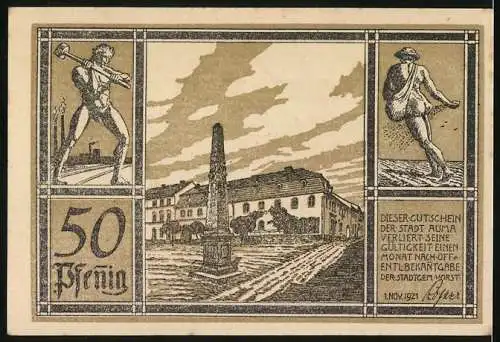 Notgeld Auma 1921, 50 Pfennig, Adler mit Wappen, Denkmal