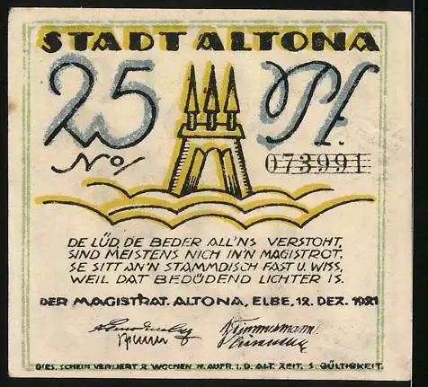 Notgeld Altona 1921, 25 Pfennig, Passant und Hund, Turm