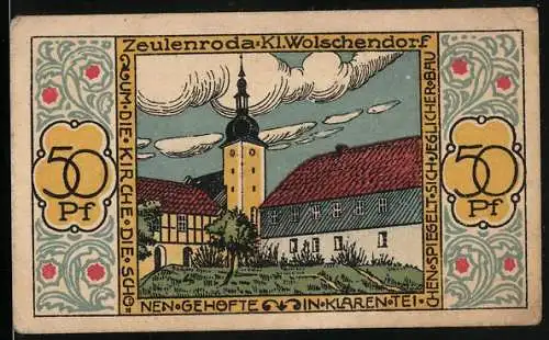 Notgeld Zeulenroda 1921, 50 Pfennig, Kirche, Gehöfte in Klaren, Wappen