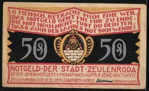 Notgeld Zeulenroda 1921, 50 Pfennig, Kirche, Gehöfte in Klaren, Wappen