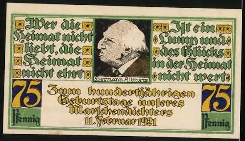 Notgeld Stotel 1921, 75 Pfennig, Grafen und Burg, Hermann Allmers