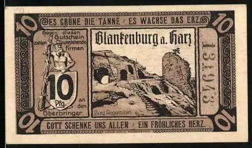Notgeld Blankenburg /Harz 1920, 10 Pfennig, Burg, Riese mit Keule