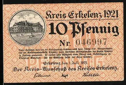 Notgeld Erkelenz 1921, 10 Pfennig, Gebäude mit Strasse